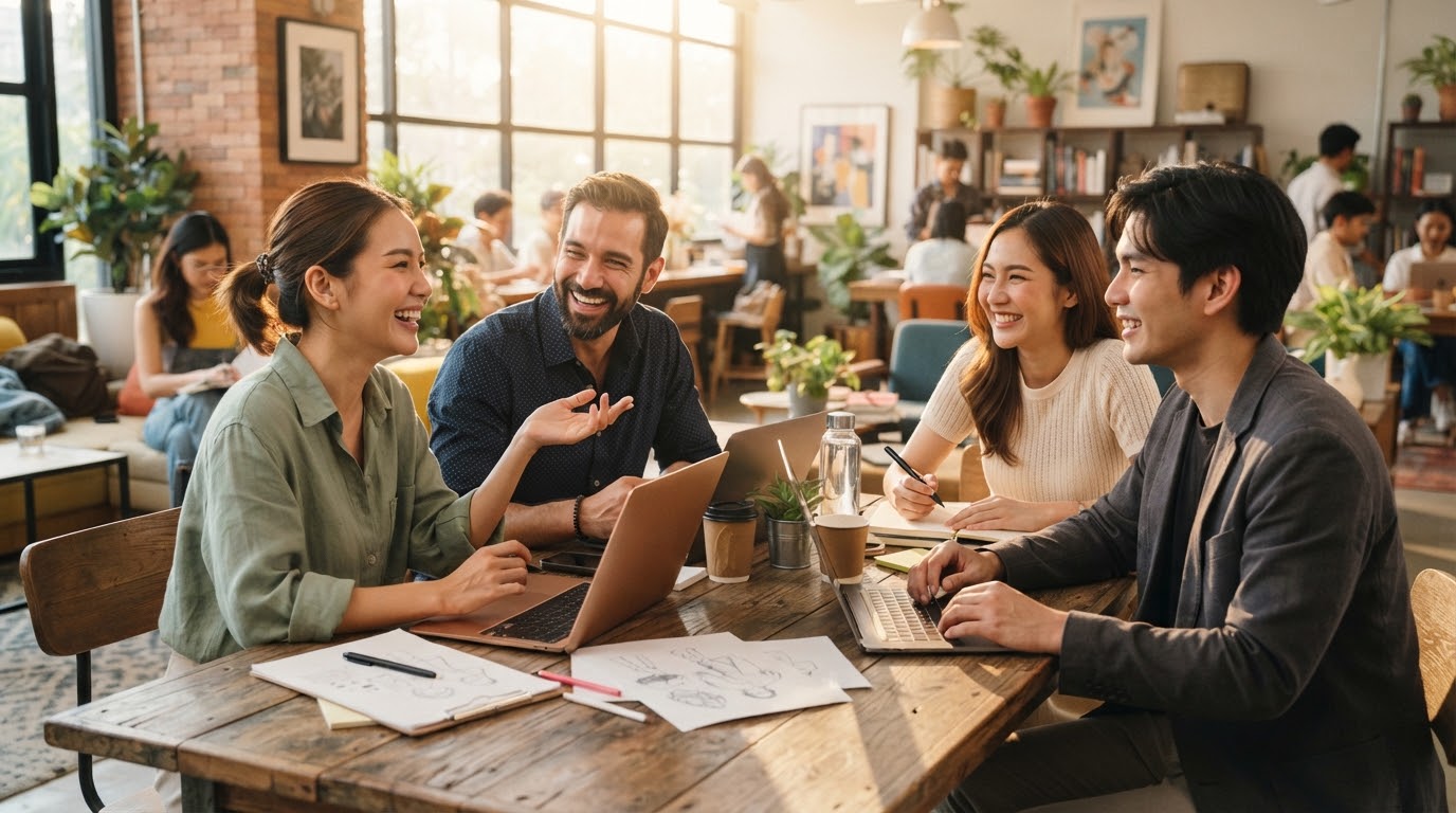 Diverse Thai creative professionals collaborating and chatting around wooden table