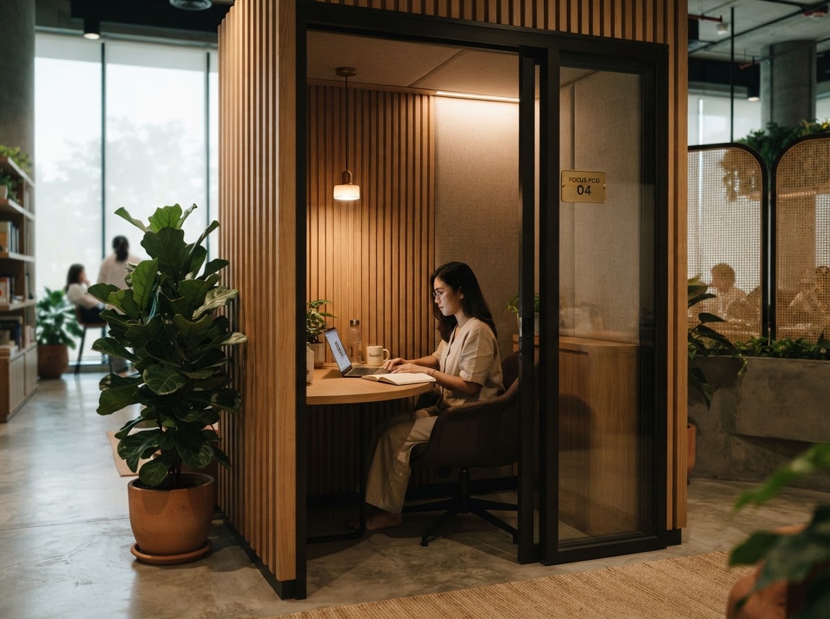 Quiet cozy minimalist focus corner booth in a premium modern Thai coworking space