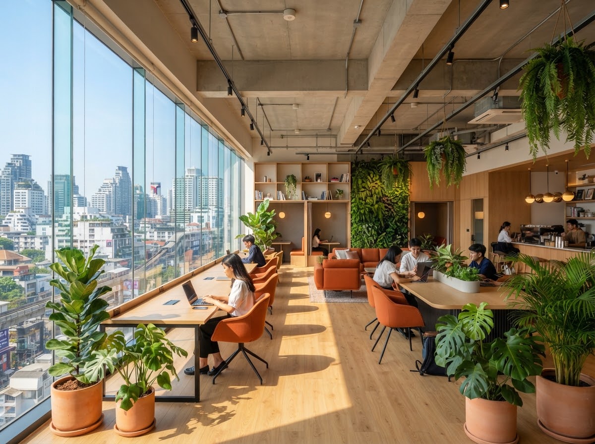 RUMIWA Workspace modern coworking interior in warm natural sunlight
