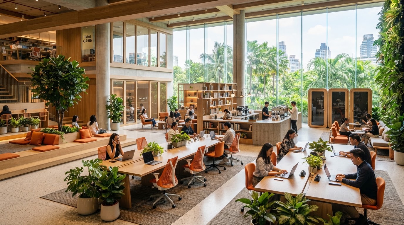 Wide panoramic view of RUMIWA Workspace interior with natural timber, focus pods and plants